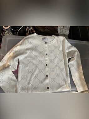 CHANEL Cream Knit Cardigan with Heart Logo Motif